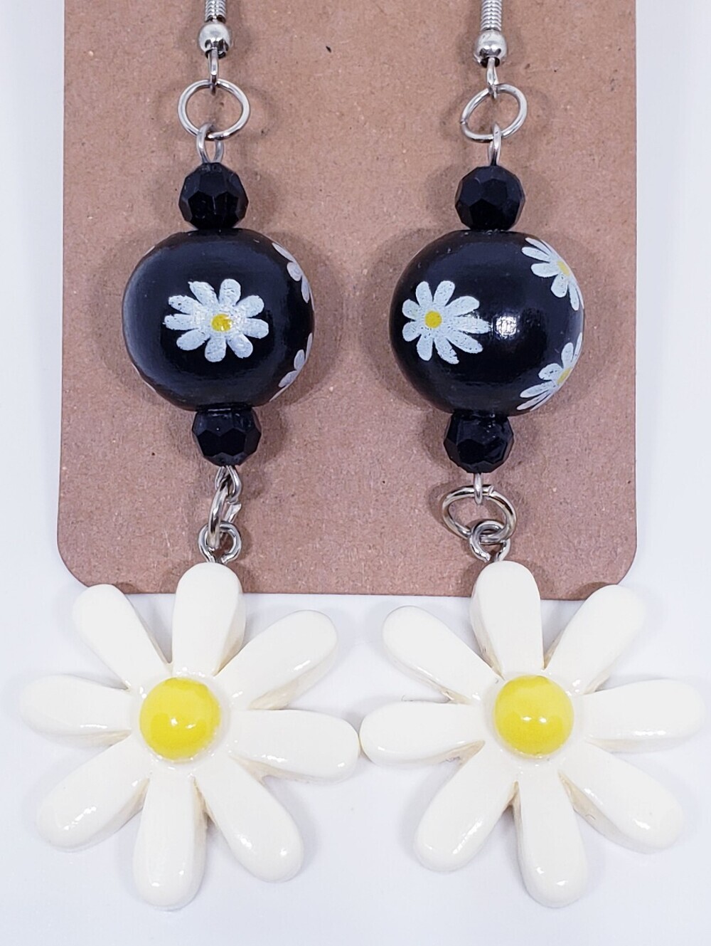 Handmade Boho Dangle Bead White Black and Yellow Daisy Flower Earrings